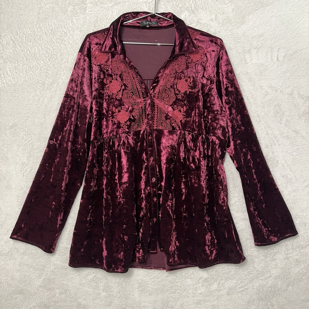 Andree By Unit Crushed Velvet Tunic Embroidered Floral Button Up Women's 1X